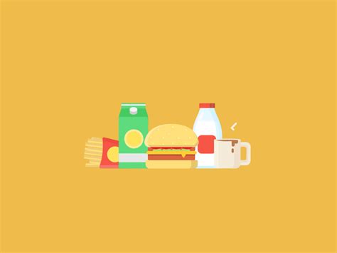 a yellow background with an image of a sandwich, milk, and other food items