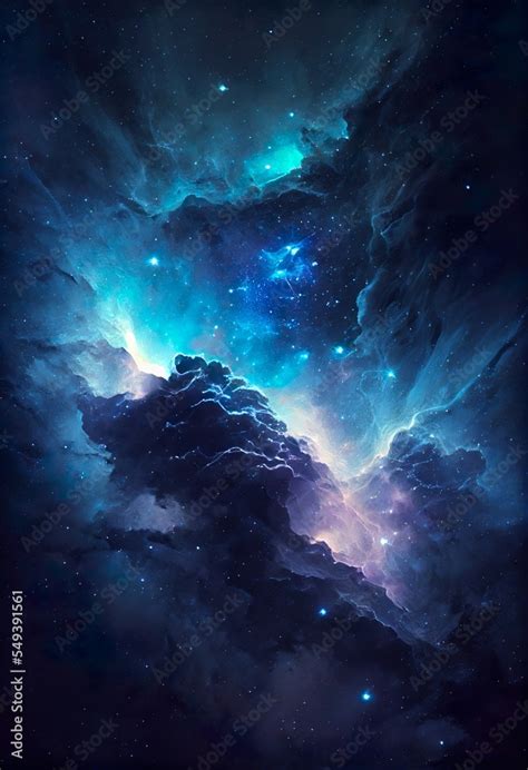 space background with blue nebula, a view of the earth from space, illustration with atmosphere ...