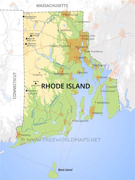 Physical map of Rhode Island