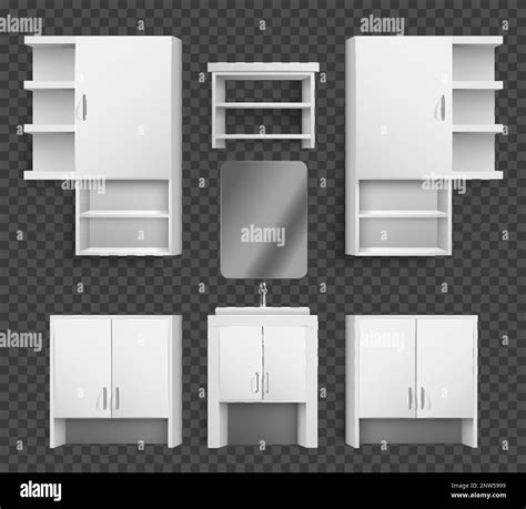 Realistic set of modern white kitchen cabinets counters and shelves isolated against transparent ...