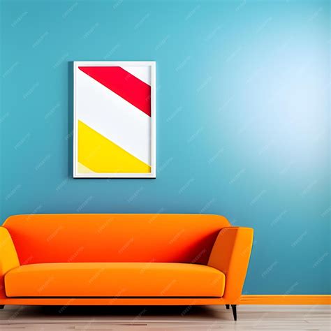 Premium Photo | A painting on a blue wall with a red and white striped rectangle on the wall.
