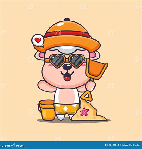 Cute Sheep in Sunglasses Play Sand Beach Cartoon Illustration. Stock Vector - Illustration of ...