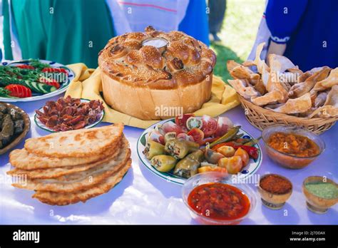 Traditional dishes of Gagauz cuisine at the Hederlez festival in in ...