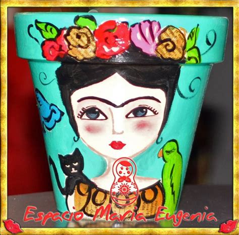 Maceta Frida aguamarina Espacio María Eugenia Painted Milk Cans, Painted Clay Pots, Painted ...