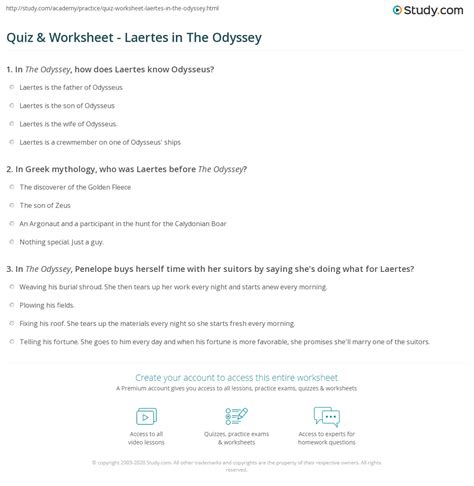 Quiz & Worksheet - Laertes in The Odyssey | Study.com