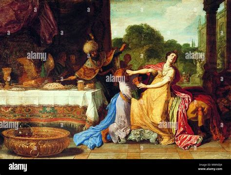 Haman begging Esther for mercy.. circa 1618. Lastman Haman Stock Photo - Alamy