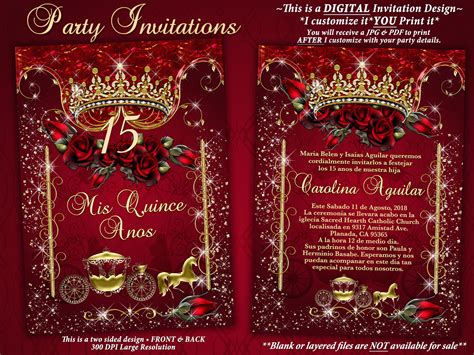 Red Rose Tiara Gold Carriage Invitation, Quinceanera Invitation ...