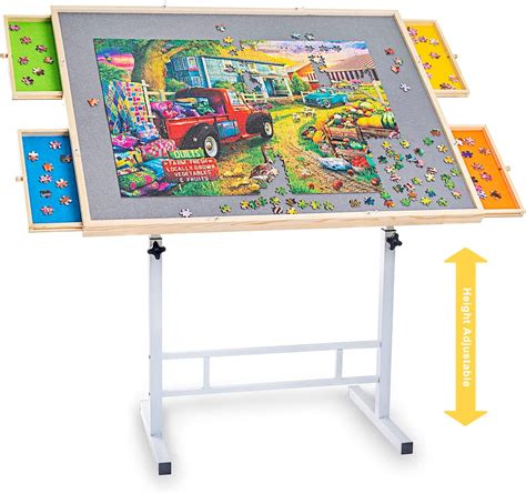 Height Adjustable Jigsaw Puzzle Table with Colorful Drawers & Wooden Cover, Tilting Tabletop for ...