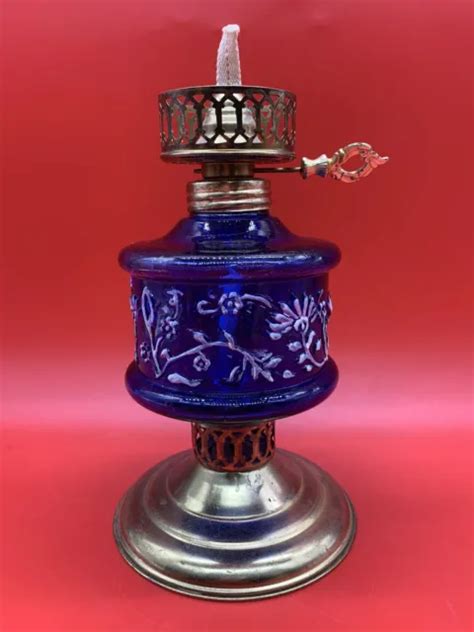 VINTAGE COBALT BLUE OIL LAMP WITH BRASS BURNER & Bottom With Etched Pattern 9” $89.95 - PicClick