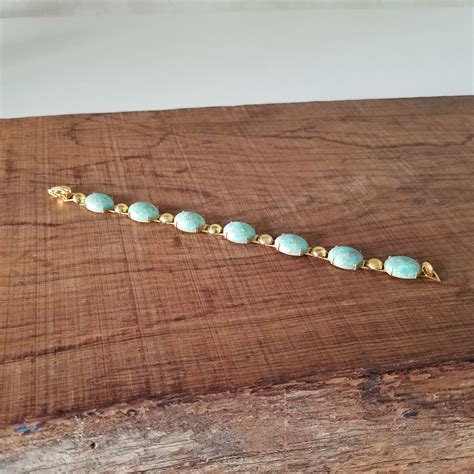 Turquoise and Gold Tone Bracelet, Mid Century Cabochon Link Bracelet in Gold and Green Jewelry ...