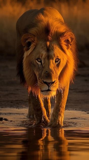 Premium AI Image | A lion walking through the sunset