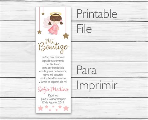 "Personalized Baptism Girl Angel Bookmark in Spanish. This listing is for a printable .PDF file ...