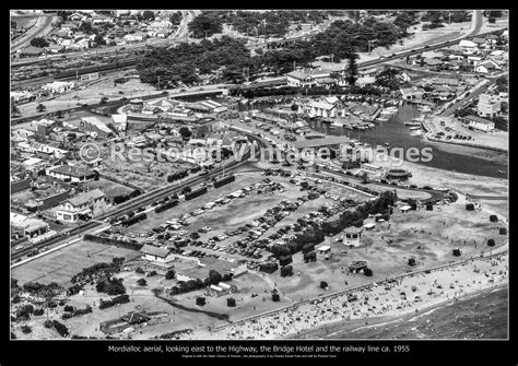 Mordialloc aerial looking east to the Highway, Bridge, railway line and Hotel ca 1955 - Restored ...