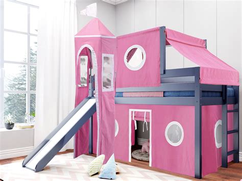 JACKPOT! Princess Low Loft Bed with Slide Pink & White Tent and Tower Loft Bed Twin Blue ...