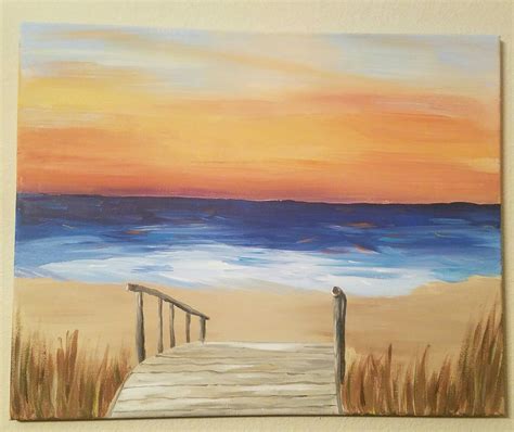 a painting of a sunset over the ocean with a wooden walkway leading to ...