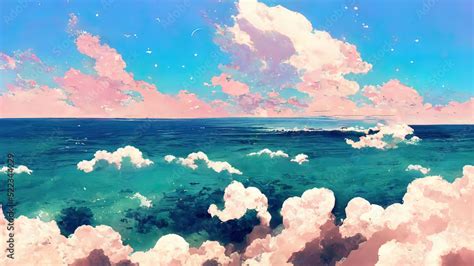 Ocean and clouds anime, manga scenery. 4K drawing of a cloudscape, landscape. Colorful pink blue ...