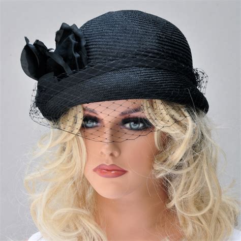 Ladies Black Hat, Womens Black Hat, Black Hat and Veil, Church Hat ...