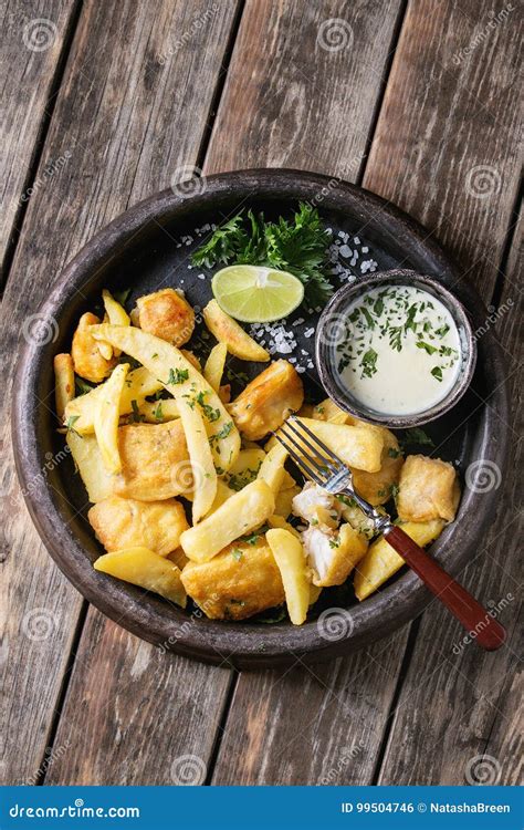 Fish and chips with sauce stock photo. Image of flat - 99504746