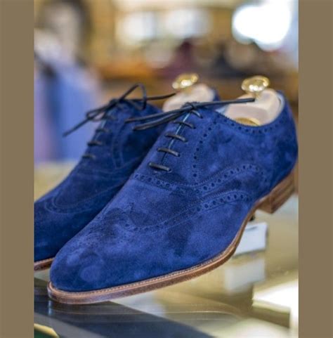 Handmade Mens Brogue Blue Suede Shoes, Men Wingtip Suede Blue Party Shoes – Footeria