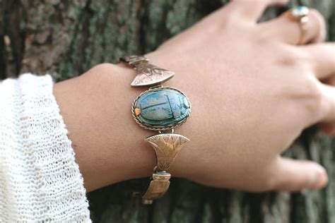 Antique Egyptian Revival Bracelet w Ancient Faience Scarab 9k Gold — Heart of Hearts Jewels