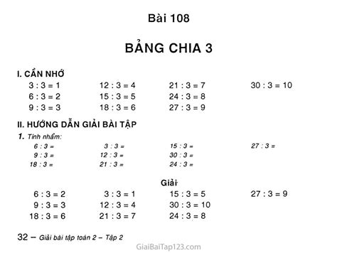 Giải toán lớp 2 Bài 108: Bảng chia 3