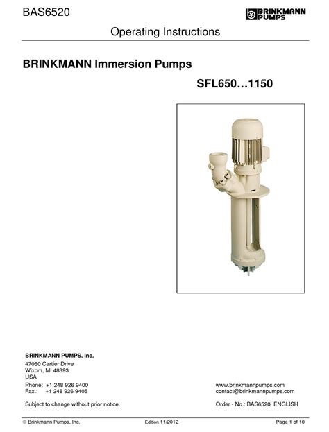 BRINKMANN PUMPS SFL650S OPERATING INSTRUCTIONS MANUAL Pdf Download ...