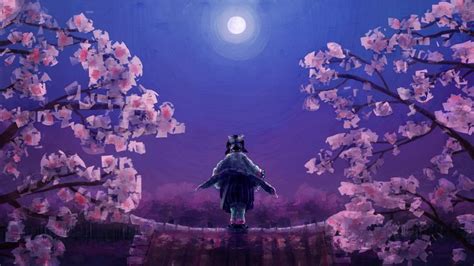 a painting of a person walking across a bridge with cherry blossoms on the trees and moon in the ...