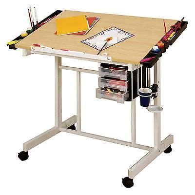 Drafting Table Drawer White Base Maple Top Craft Desk Modern Drawing Adjustable | Craft station ...