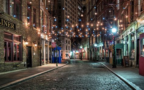 Wallpaper New York, old town, street, colorful lights, night, USA ...