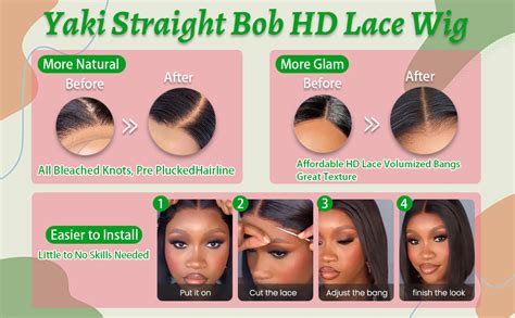 Amazon.com : ODBE Black Yaki Straight Bob With Bangs Glueless WIgs 2x1 ...