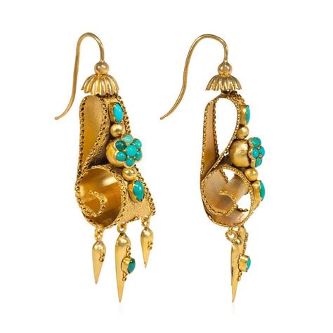 Early Victorian Turquoise Gold Scroll Design Earrings with Articulated ...