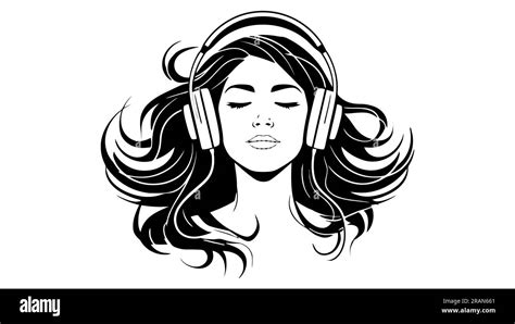 The girl logo. Black silhouette of girl listens to music on headphones. Musician avatar view ...