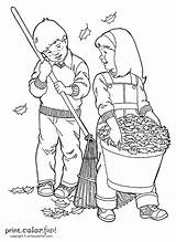 Kids raking leaves coloring Page  Print Color Fun sketch template