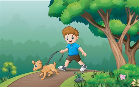 Young boy walking with his dog illustration 6413667 Vector Art at Vecteezy