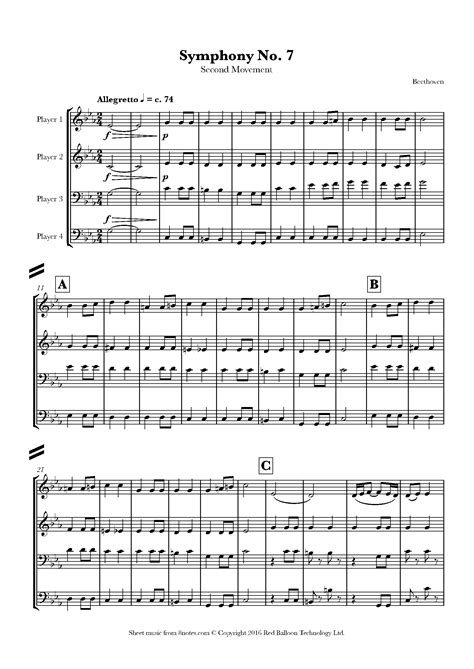 Beethoven - 7th Symphony 2nd mvt theme Sheet music for Flexible Brass Ensemble - 4 Players ...