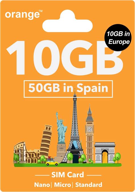 Orange Europe Prepaid SIM Card - 400 Mins Calls, 10GB Internet Data in 4G/LTE in Europe, 50GB in ...