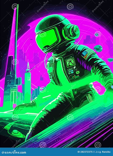 Futuristic Art of City with Astronomy Mans in Bright Colors Stock ...