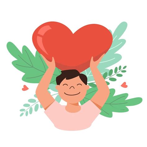 Premium Vector | Happy man holding a big heart in his hands self care ...