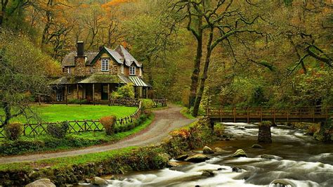 HD wallpaper: house, cottage, forest, road, stream | Wallpaper Flare