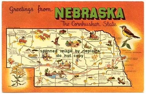 NEBRASKA - Greetings from Nebraska - state map - artist Joan Conrad - 1968