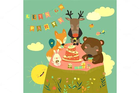 Birthday background with happy animals | Graphic Objects ~ Creative Market