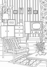 Retro Living Room TV  Printable Adult coloring pages Coloring Book sketch template