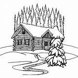 Log Cabin In The Snow With Pine Tree Coloring Page · Creative Fabrica sketch template