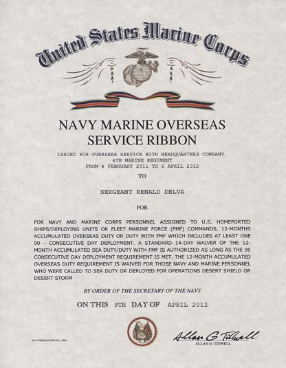 Navy Marine Corps Overseas Service Ribbon Certificate