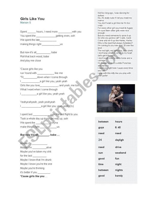 Girls like you - Maroon 5 - ESL worksheet by teacher andrea