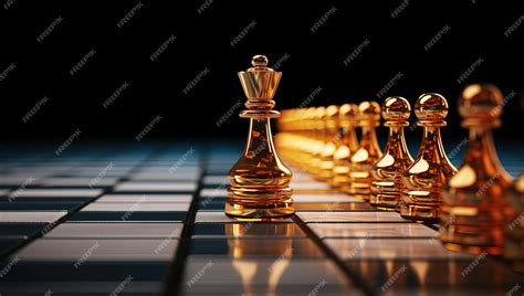 Premium AI Image | Golden Chess Pieces in Starting Positions on Black Chessboard