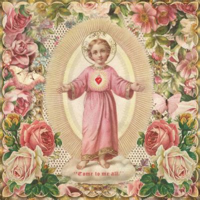 Child Jesus animated vintage holy card gif with roses: "Come to me all ...