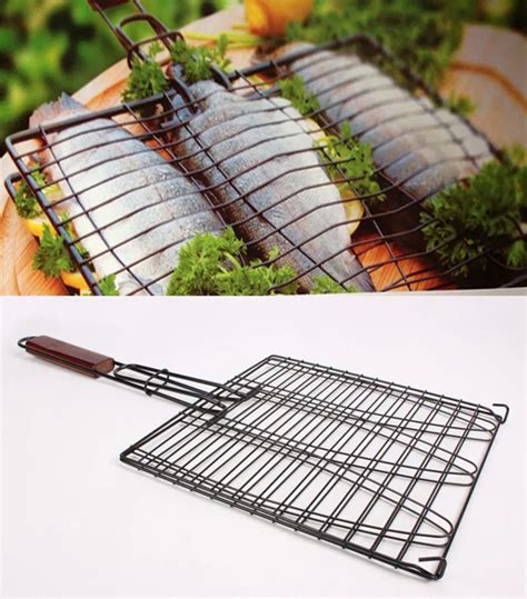 New DIY Non stick Triple Fish Grilling Basket w/ Wood Handle Outdoor BBQ Grilling Fish Rack ...