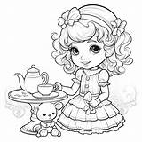 Whimsical Tea Party Coloring Page Adorable Fancy Girl With  sketch template