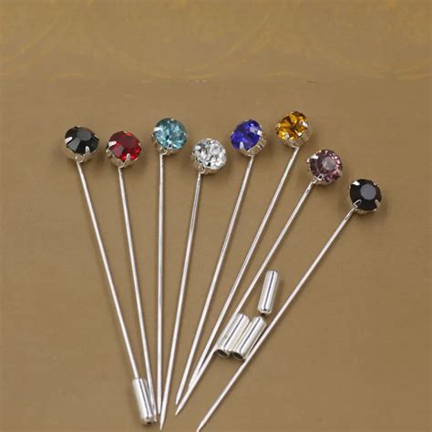 Mixed lot 8 colors Fashion simple rhinestone lapel pins, metal silver plated crystal stick ...